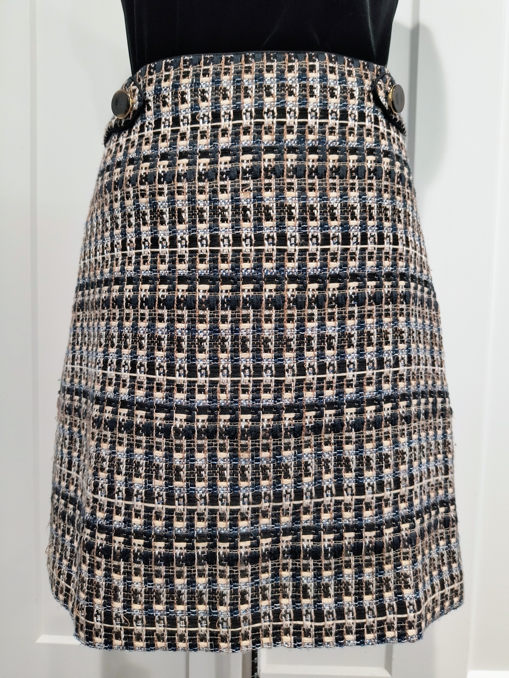 Ann Taylor Black and Cream Tweed Mini Skirt with Button Detail